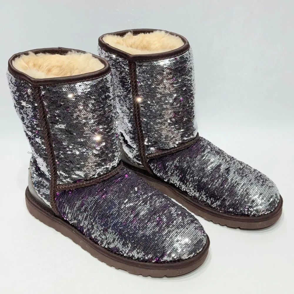 Ugg Australia Sequin Silver Purple Sparkle Winter Boot Women Size 7 Minimal Wear
